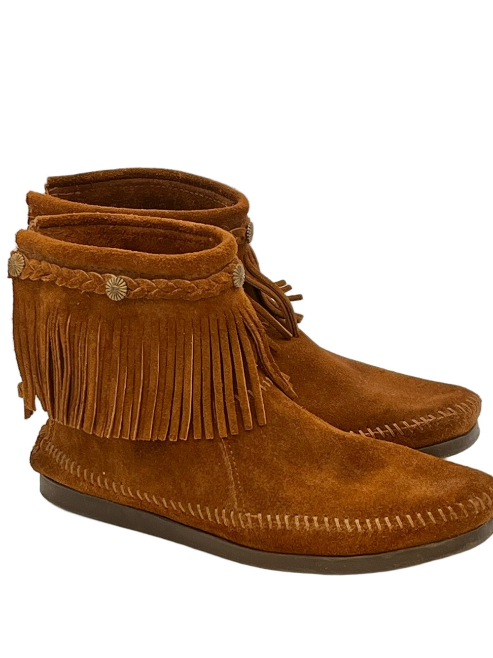 Minnetonka Suede Fringe Braid Ankle Sole Boots Chestnut Moccasin Concho Women 9